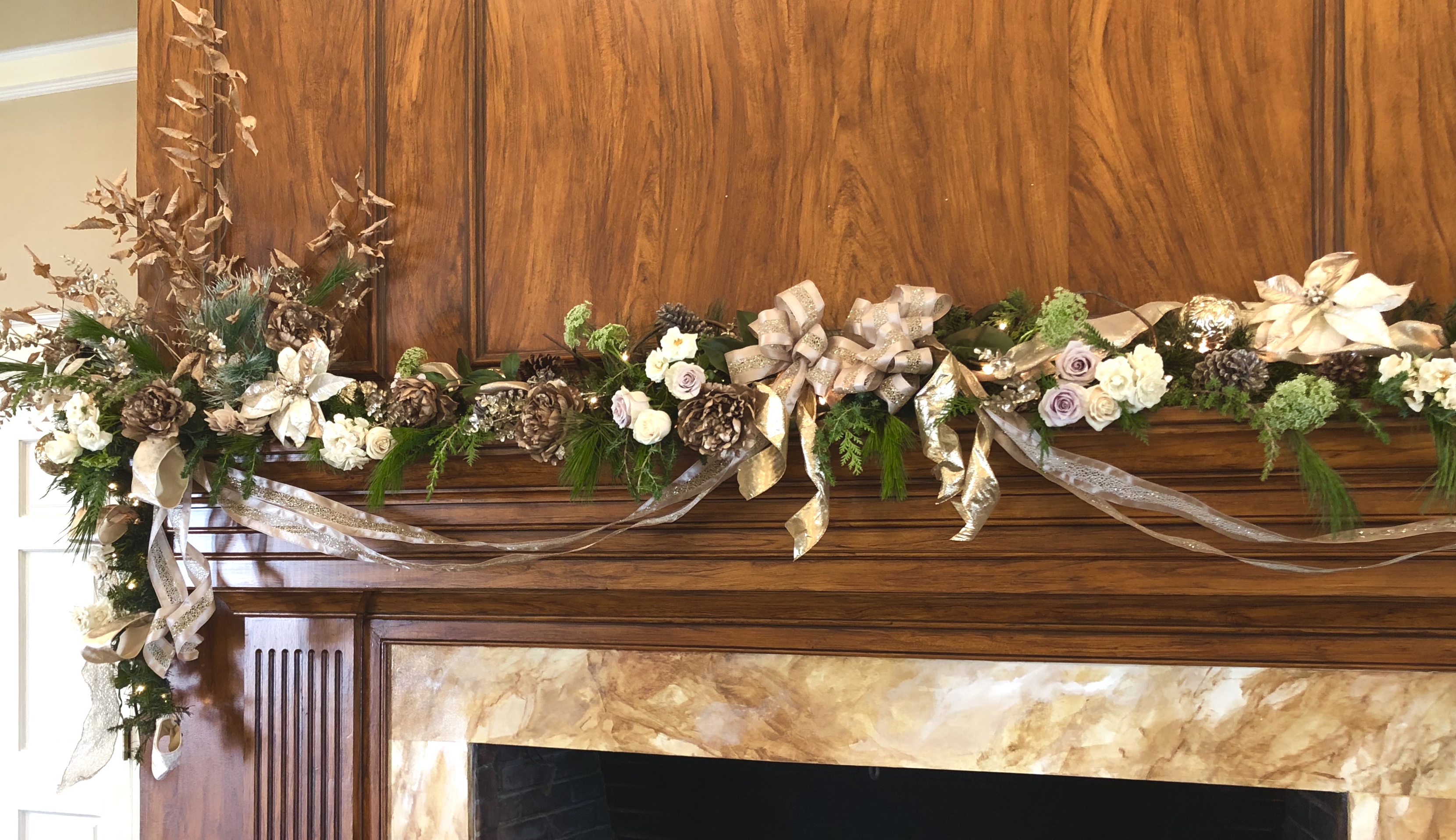 mantel arrangement with silk and fresh flowers